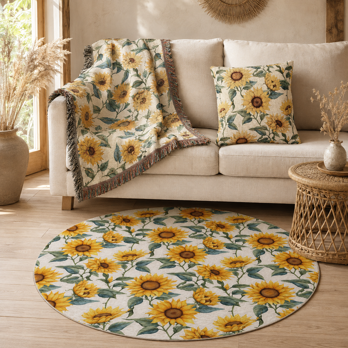 Sunflower woven blanket and pillows on a sofa with the matching Sunflower round rug