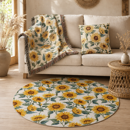Sunflower woven blanket and pillows on a sofa with the matching Sunflower round rug