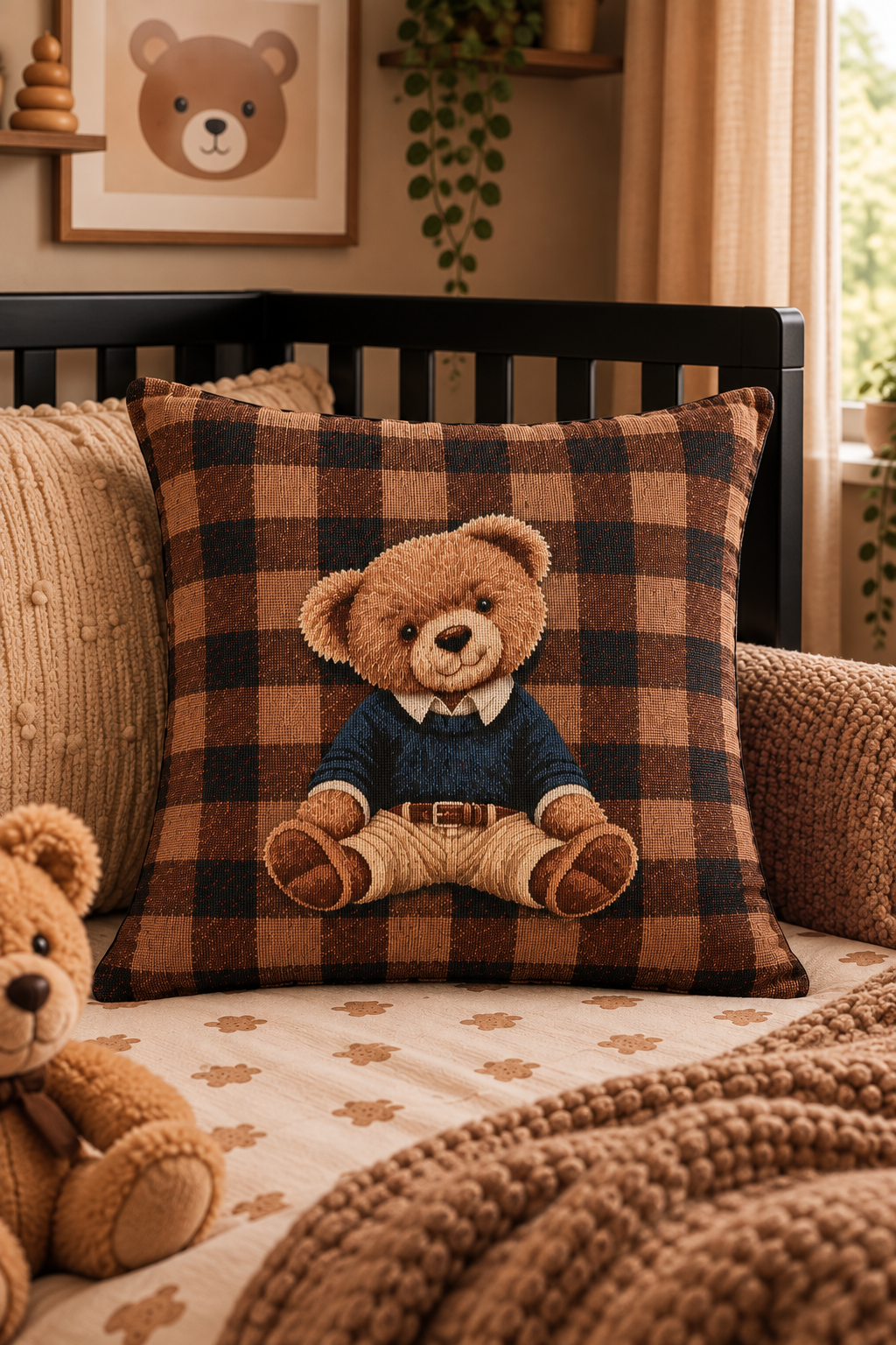 Vintage teddy bear woven pillow styled with the matching personalized teddy bear blanket on a bed