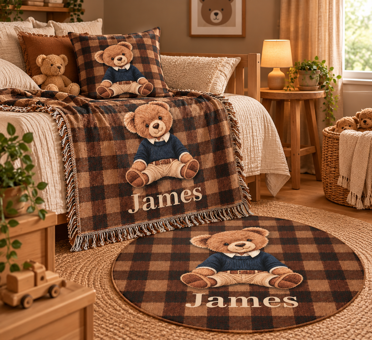 Vintage teddy bear woven pillow styled with the matching personalized teddy bear blanket in a nursery