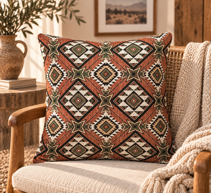 Terracotta Aztec diamond woven pillow styled on a couch with a matching throw