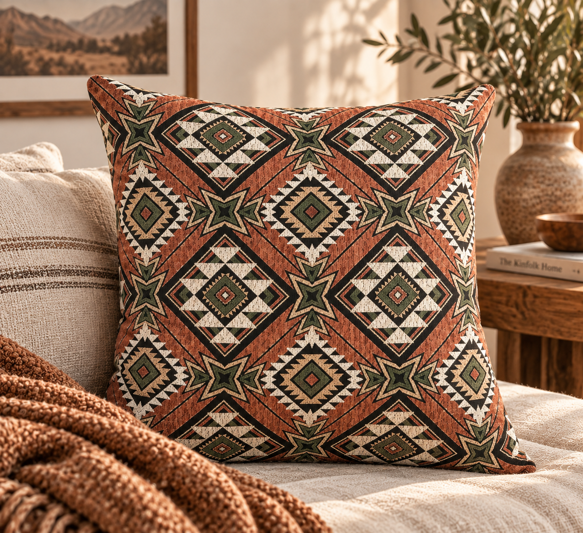 Terracotta Aztec diamond woven pillow styled on a chair with a matching throw