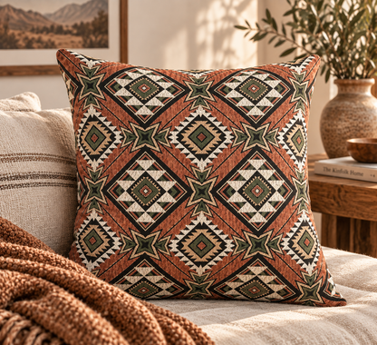 Terracotta Aztec diamond woven pillow styled on a chair with a matching throw