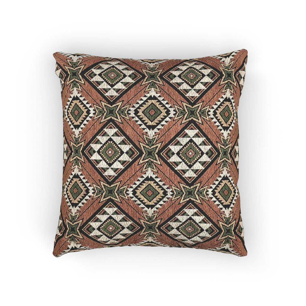 Terracotta Aztec diamond woven pillow featuring a bold southwestern geometric pattern