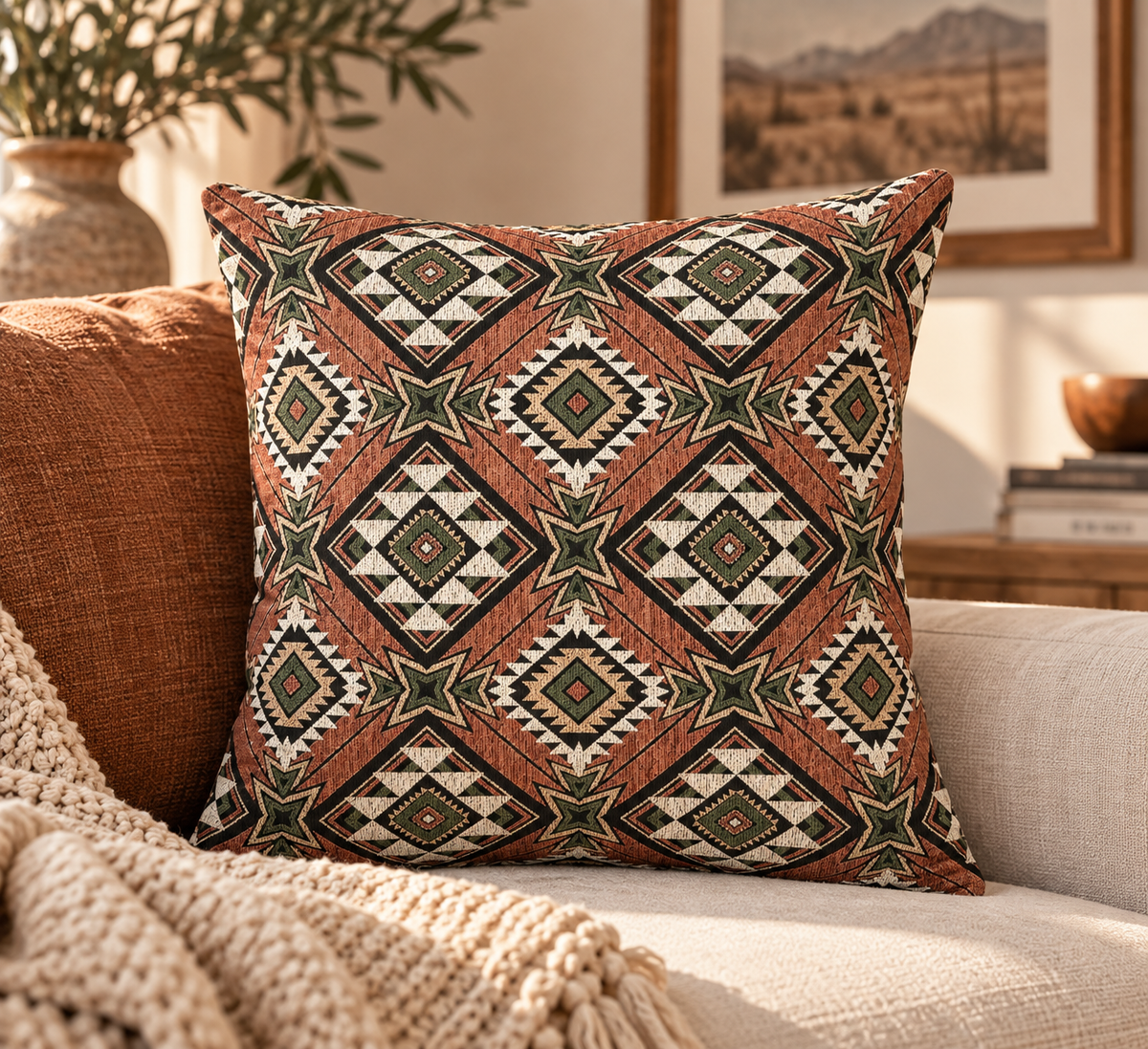 Terracotta Aztec diamond woven pillow styled on an armchair in a cozy room