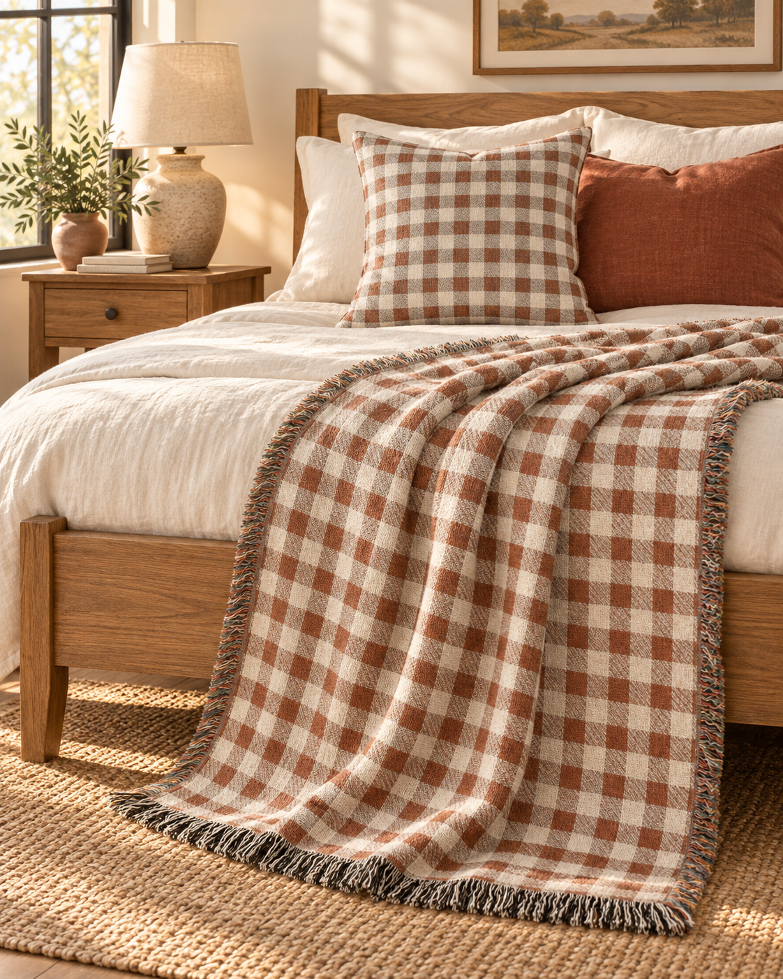 Checkered woven blanket on a bed with cream and rust cushions