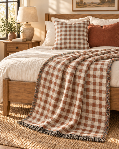 Checkered woven blanket on a bed with cream and rust cushions