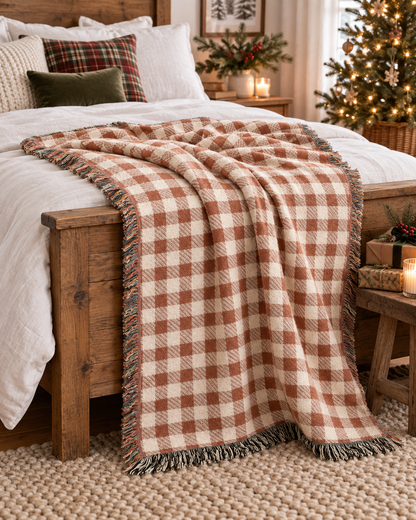 Terracotta gingham woven blanket layered across a wooden bed