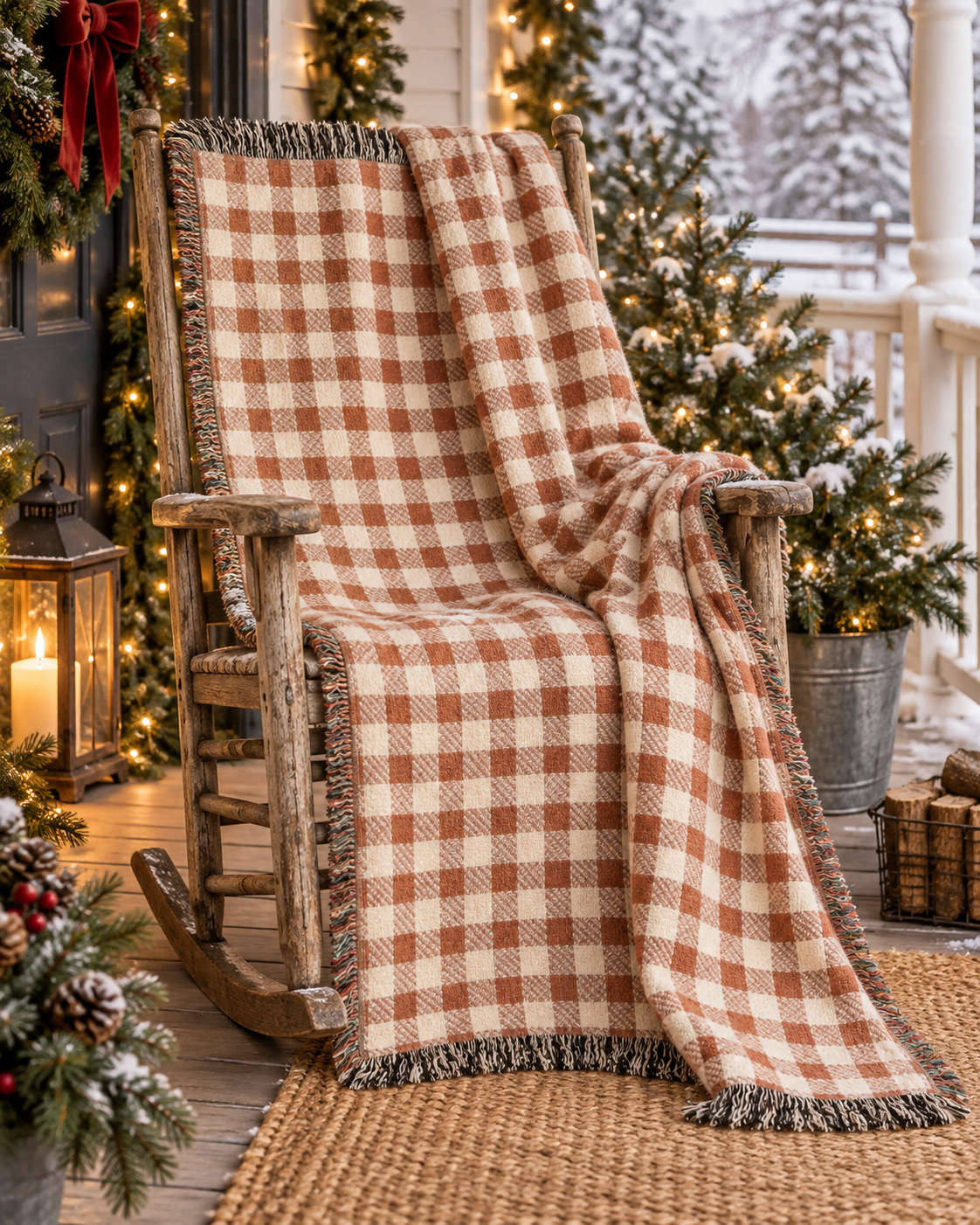 Terracotta gingham woven blanket draped over a chair beside a Christmas tree