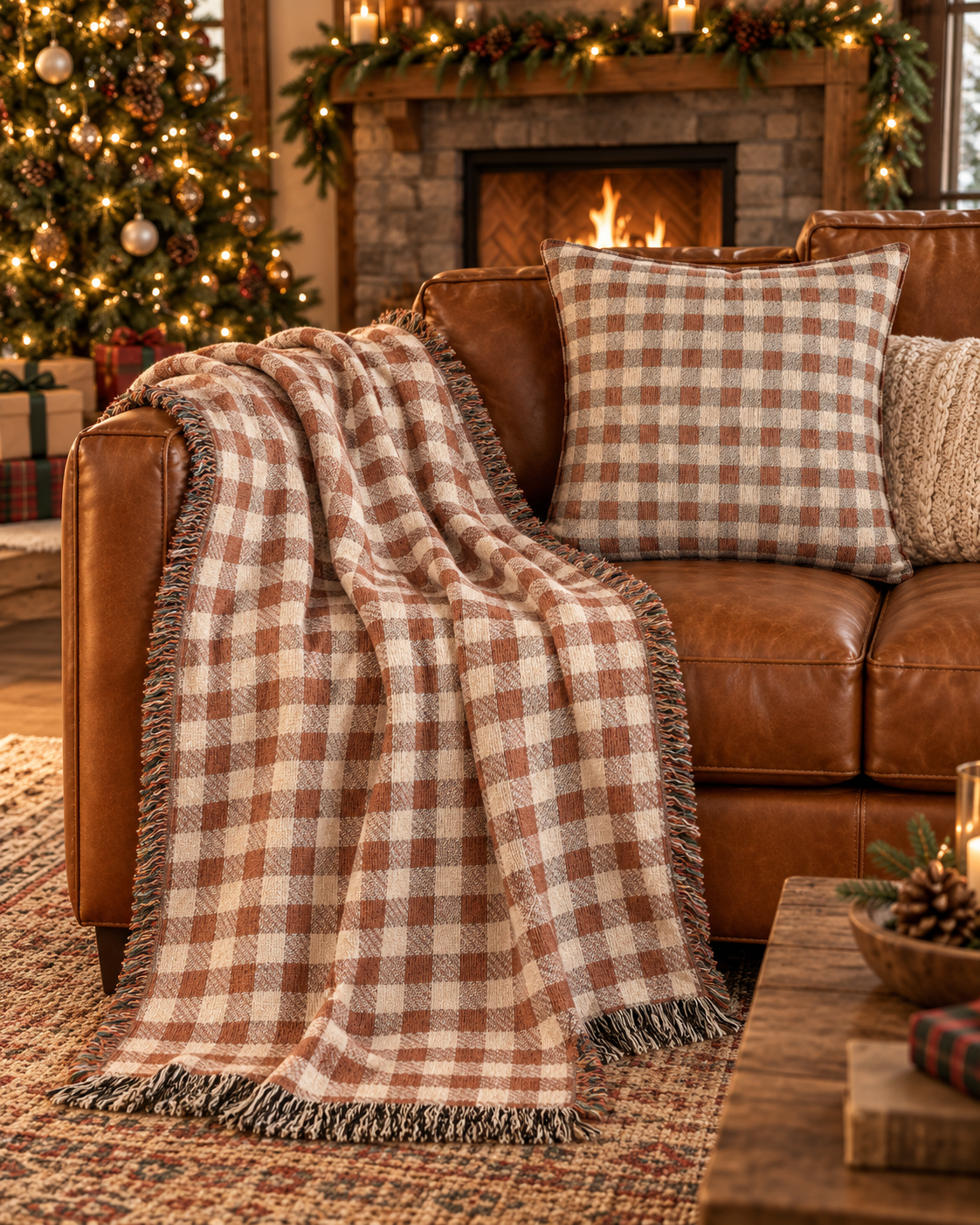 Gingham check woven blanket on a leather armchair by a fireplace at Christmas