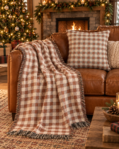Gingham check woven blanket on a leather armchair by a fireplace at Christmas