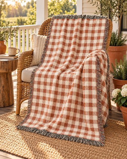 Terracotta gingham blanket over a chair with Christmas greenery