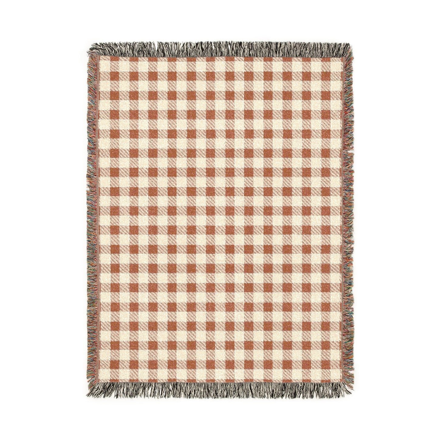 Terracotta gingham woven blanket with a rust and cream check pattern