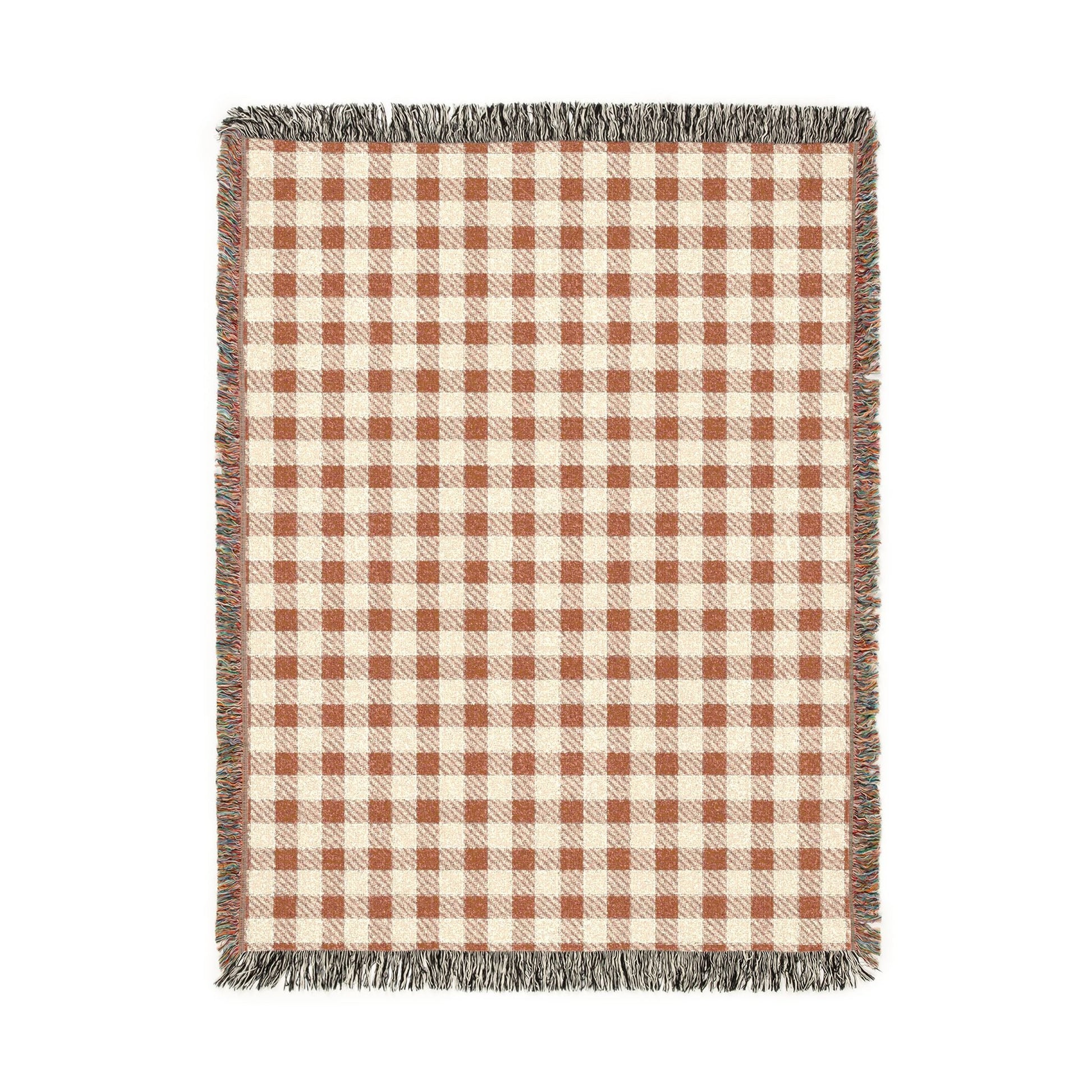 Terracotta gingham woven blanket with a rust and cream check pattern