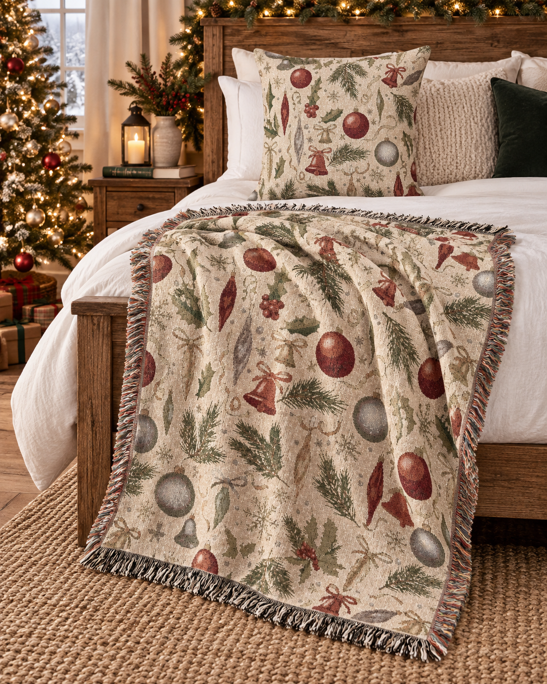 Vintage Christmas woven blanket and matching ornament pillow on a bed