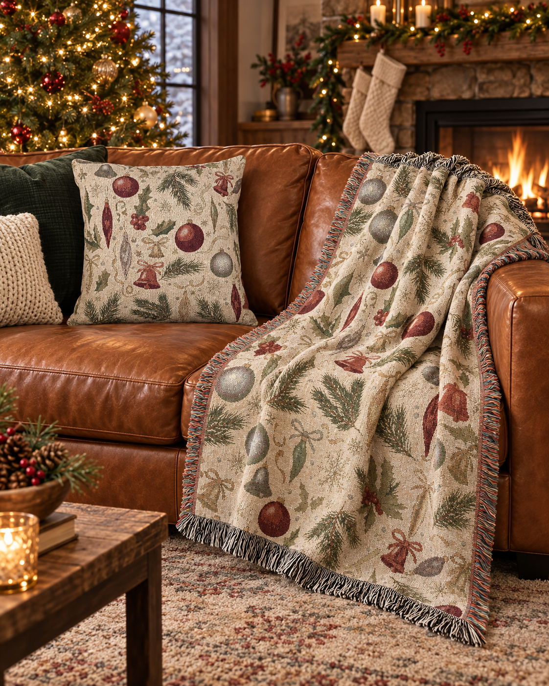Vintage Christmas woven blanket and ornament pillow on a leather sofa