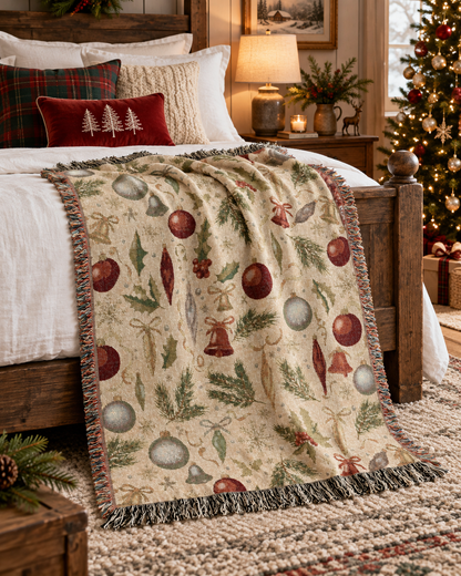Vintage Christmas woven blanket layered across a bed at Christmas