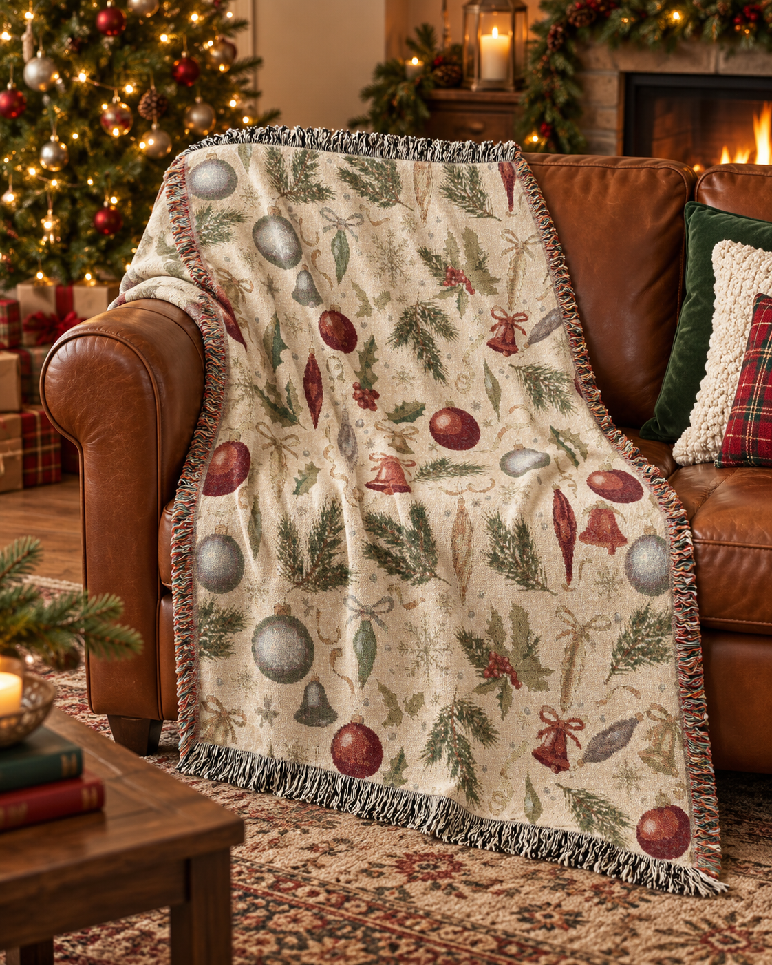 Vintage Christmas woven blanket draped over a sofa beside a lit Christmas tree