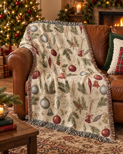 Vintage Christmas woven blanket draped over a sofa beside a lit Christmas tree
