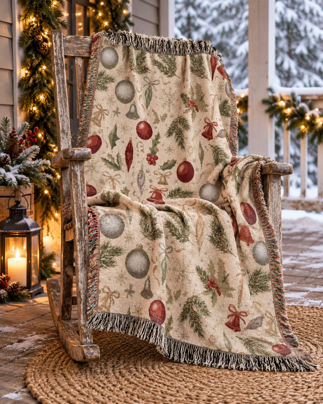 Christmas woven blanket over a chair by a window with snow outside
