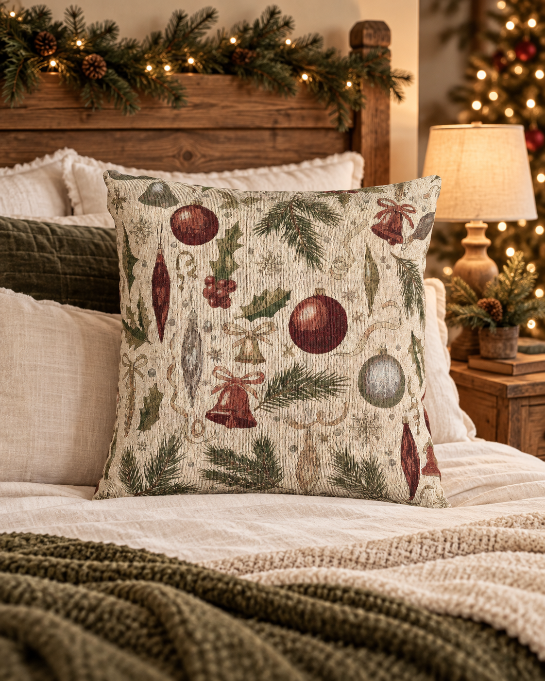 Vintage Christmas woven pillow on a bed with a green throw