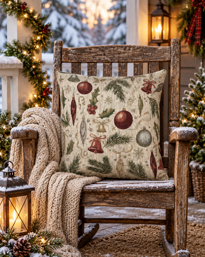 Vintage Christmas woven pillow on a chair beside a lit Christmas tree