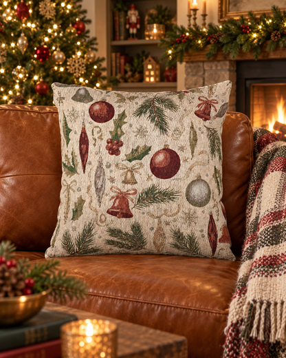 Vintage Christmas woven pillow on a leather sofa with candles