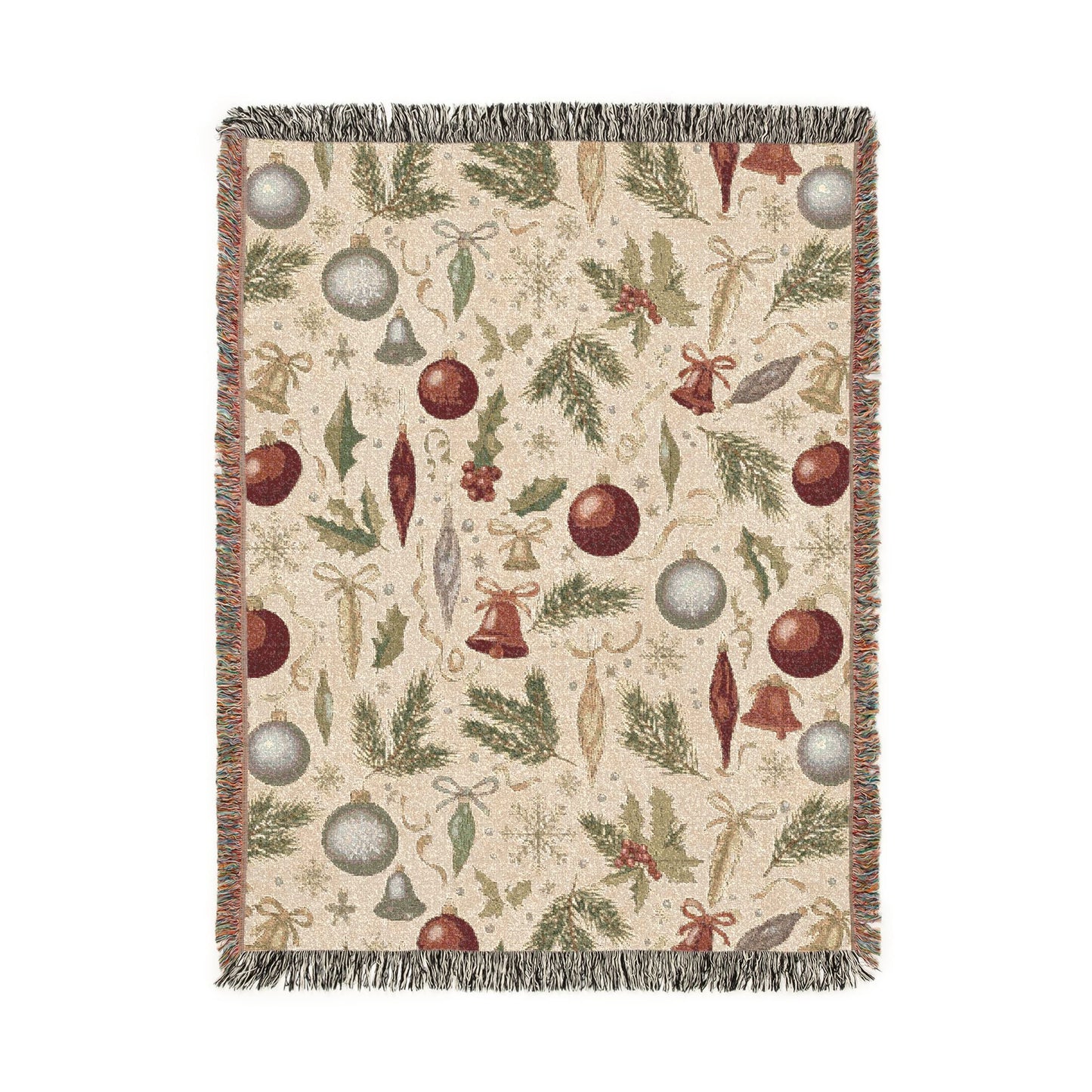 Vintage Christmas woven blanket with glass baubles, brass bells, holly and pine on cream
