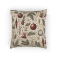 Vintage Christmas woven pillow with glass baubles, brass bells, holly and pine on cream