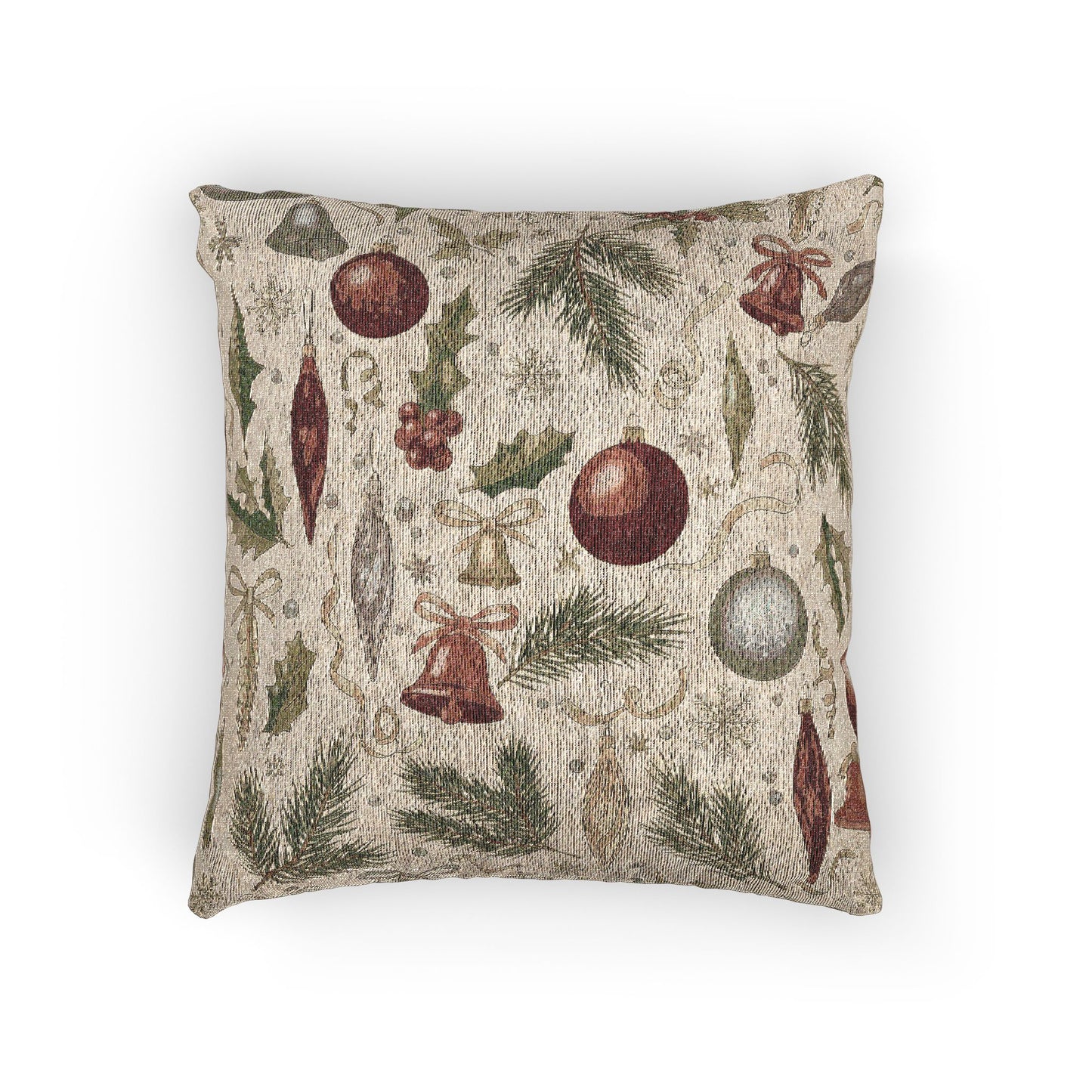 Vintage Christmas woven pillow with glass baubles, brass bells, holly and pine on cream