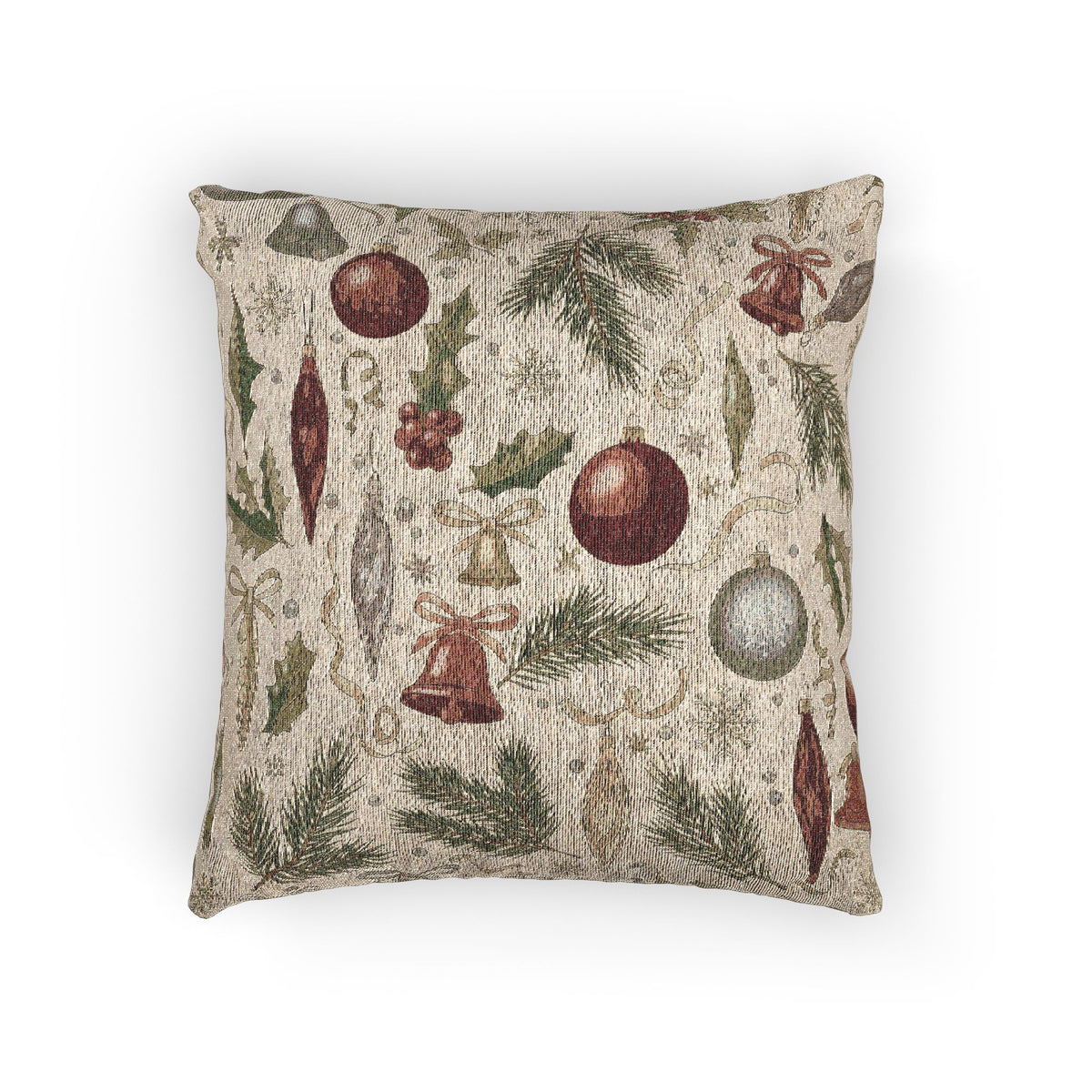 Vintage Christmas woven pillow with glass baubles, brass bells, holly and pine on cream