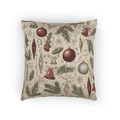 Vintage Christmas woven pillow with glass baubles, brass bells, holly and pine on cream