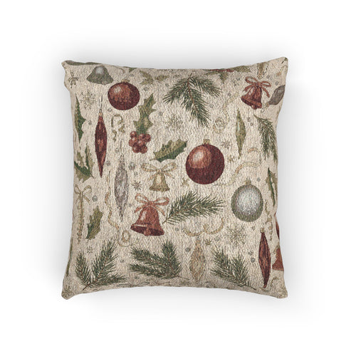 Vintage Christmas woven pillow with glass baubles, brass bells, holly and pine on cream