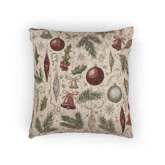 Vintage Christmas woven pillow with glass baubles, brass bells, holly and pine on cream