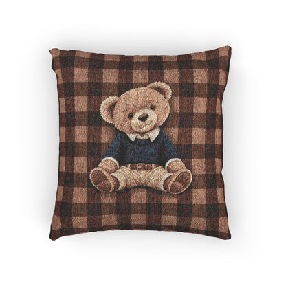 Vintage teddy bear woven pillow featuring a bear in a sweater on a buffalo plaid pattern