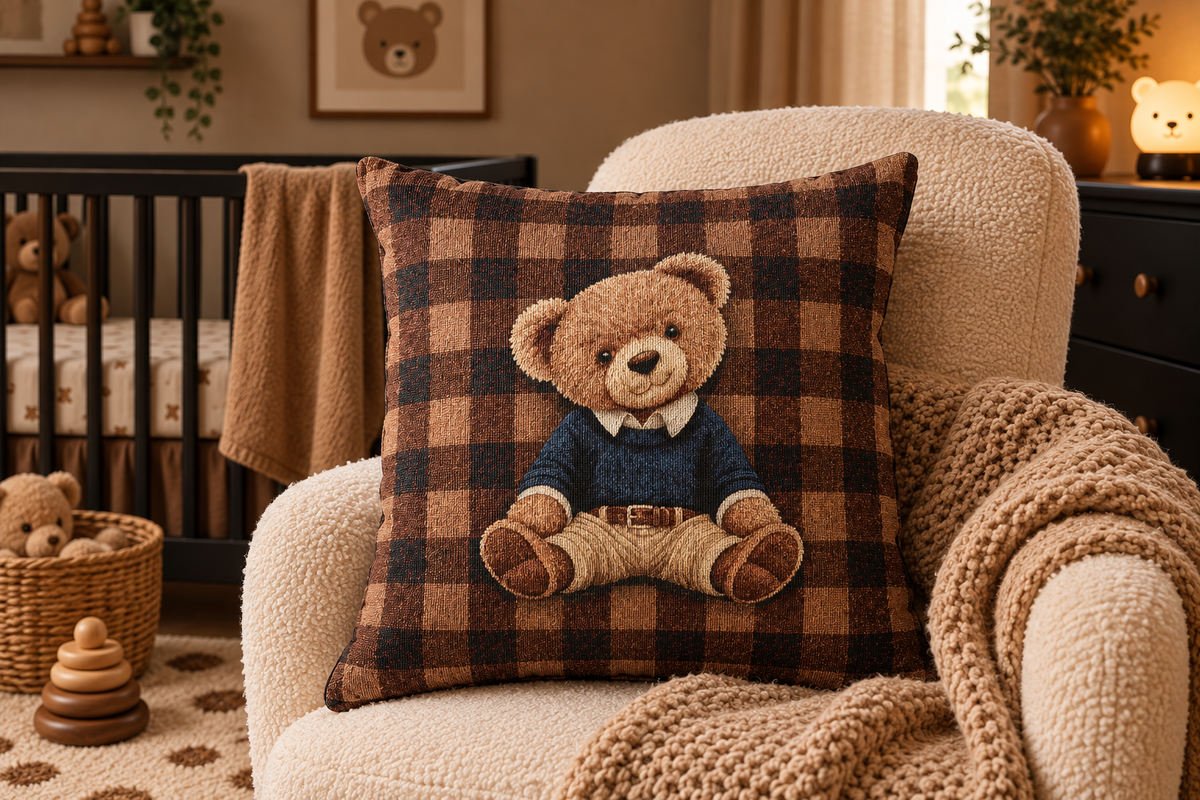 Vintage teddy bear woven pillow styled on an armchair in a cozy room