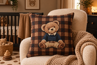Vintage teddy bear woven pillow styled on an armchair in a cozy room