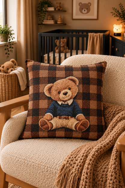 Vintage teddy bear woven pillow styled on a couch in a cozy room