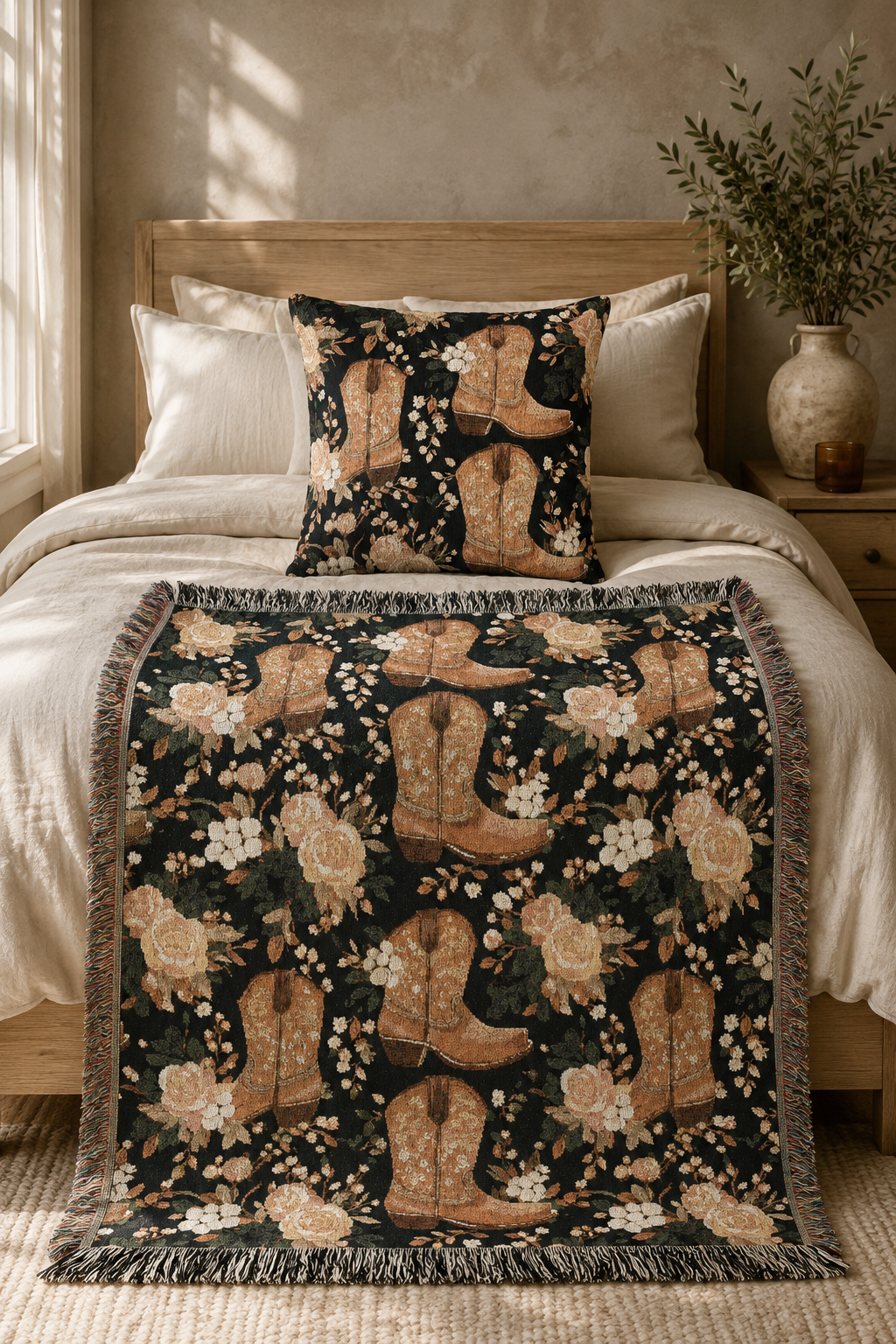 Western cowboy boots and roses set with the woven blanket and pillow on a bed with cream linens
