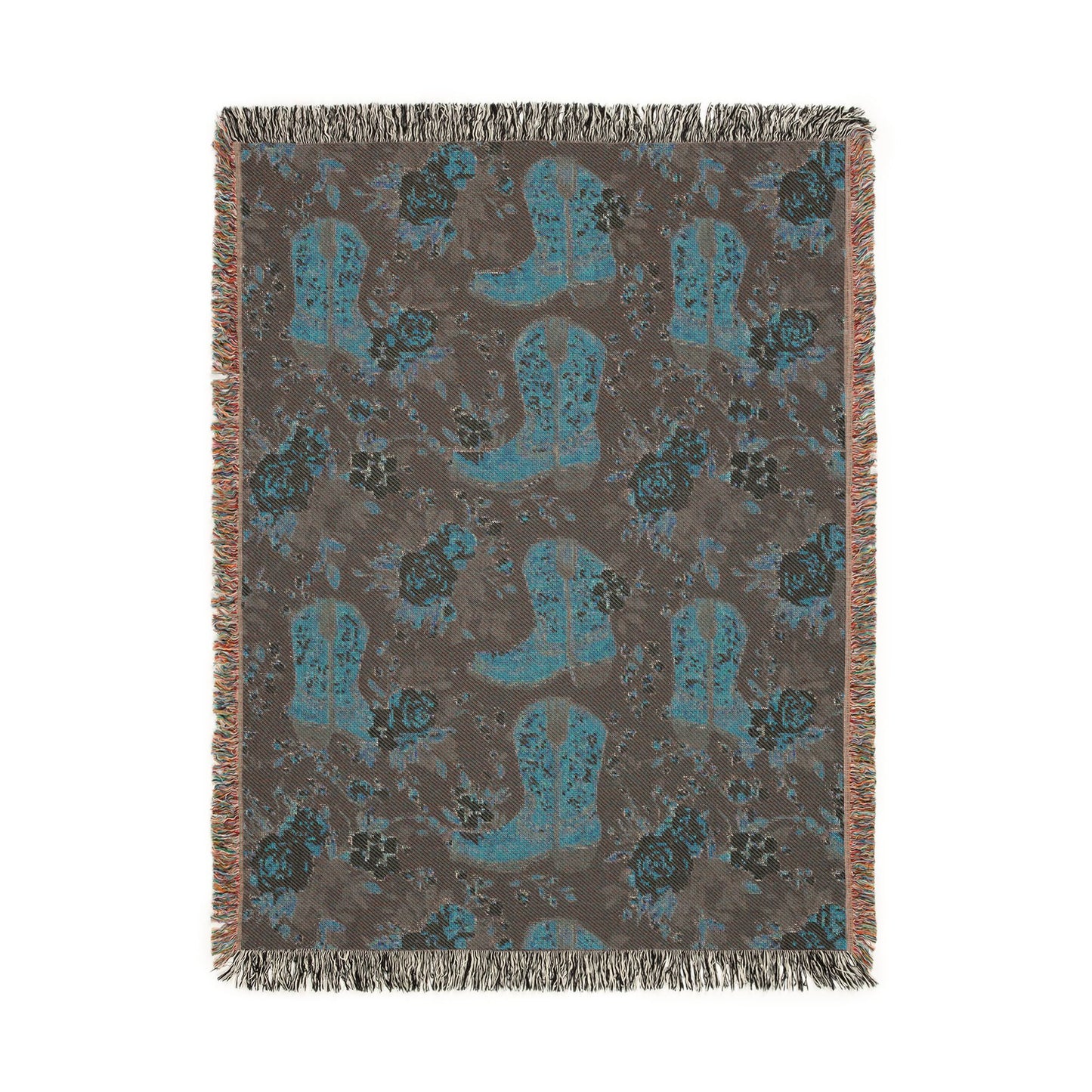 Reverse side of the Western woven blanket showing the same boots and roses pattern in teal and grey-green