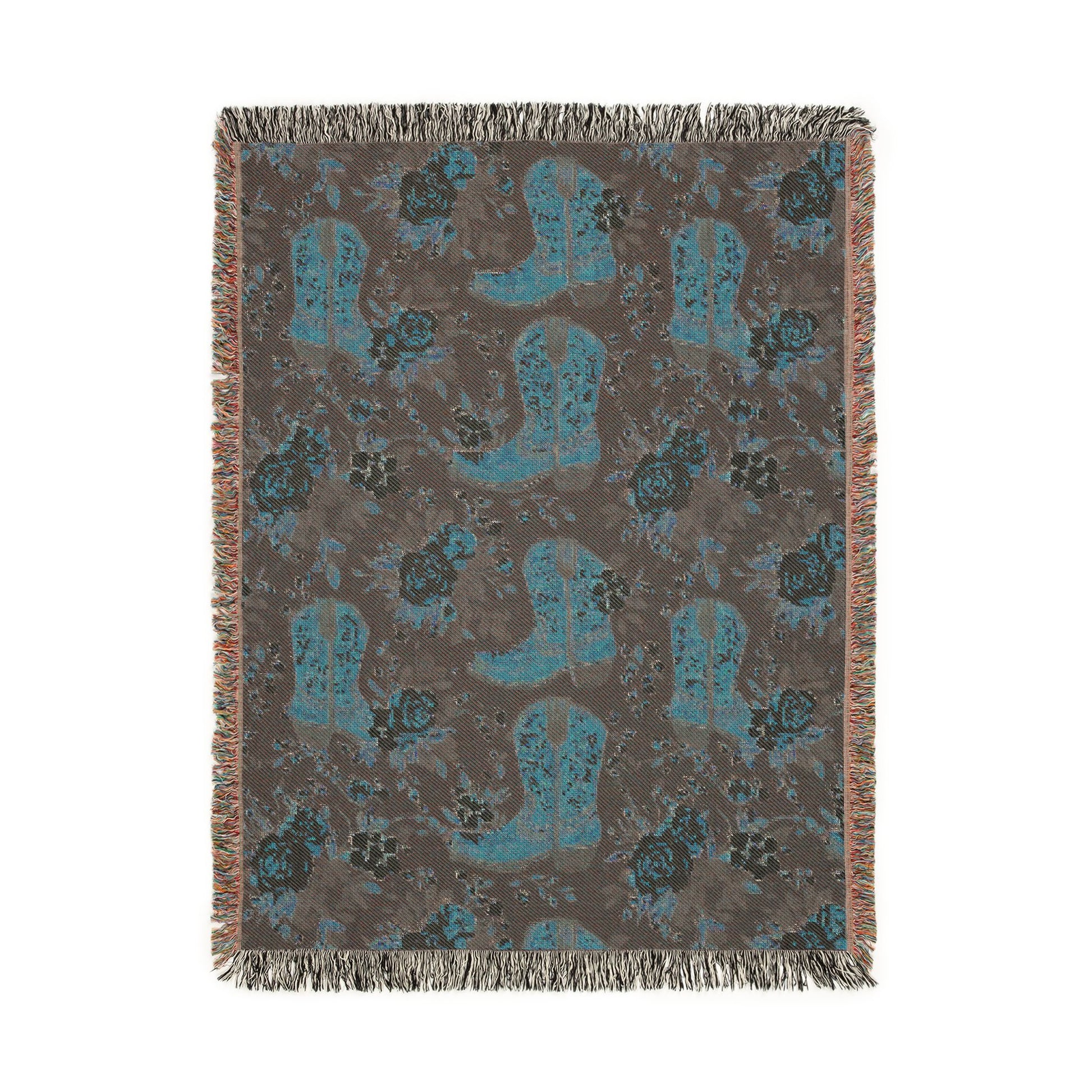 Reverse side of the Western woven blanket showing the same boots and roses pattern in teal and grey-green