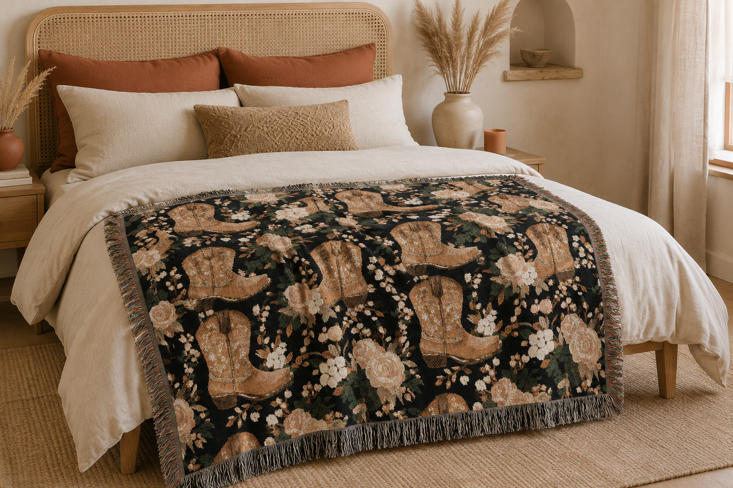 Western cowboy boots woven blanket spread across a bed with cream linens and pillows