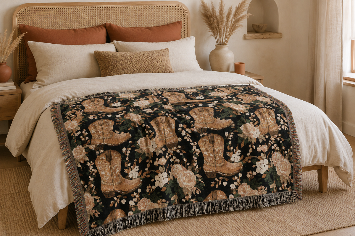 Western cowboy boots woven blanket spread across a bed with cream linens and pillows