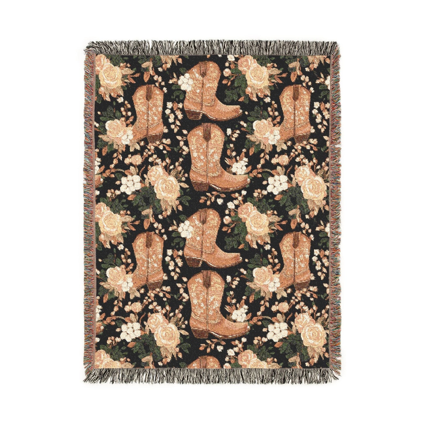 Western woven blanket with brown cowboy boots, peach roses and green leaves on black, shown flat