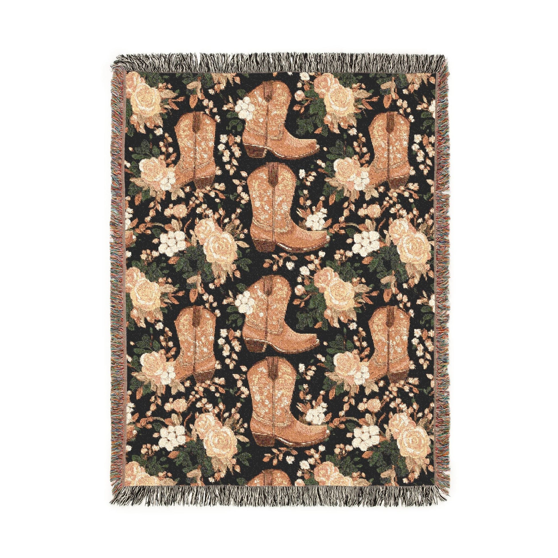 Western woven blanket with brown cowboy boots, peach roses and green leaves on black, shown flat