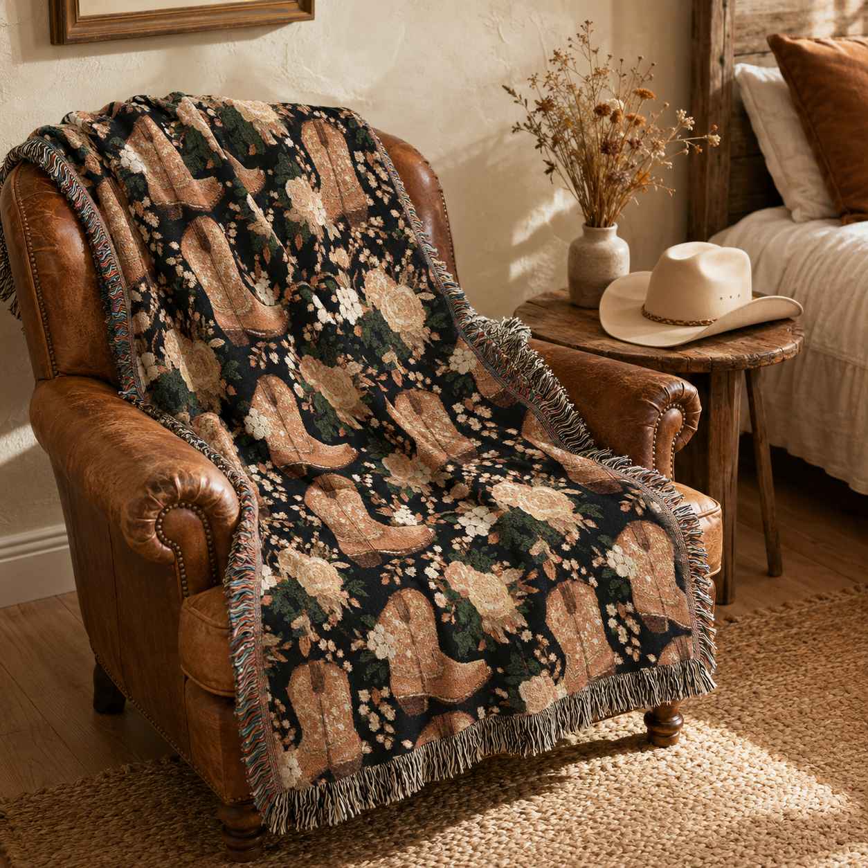 Cowboy boots and roses woven blanket draped over a brown leather armchair in a warm neutral living room