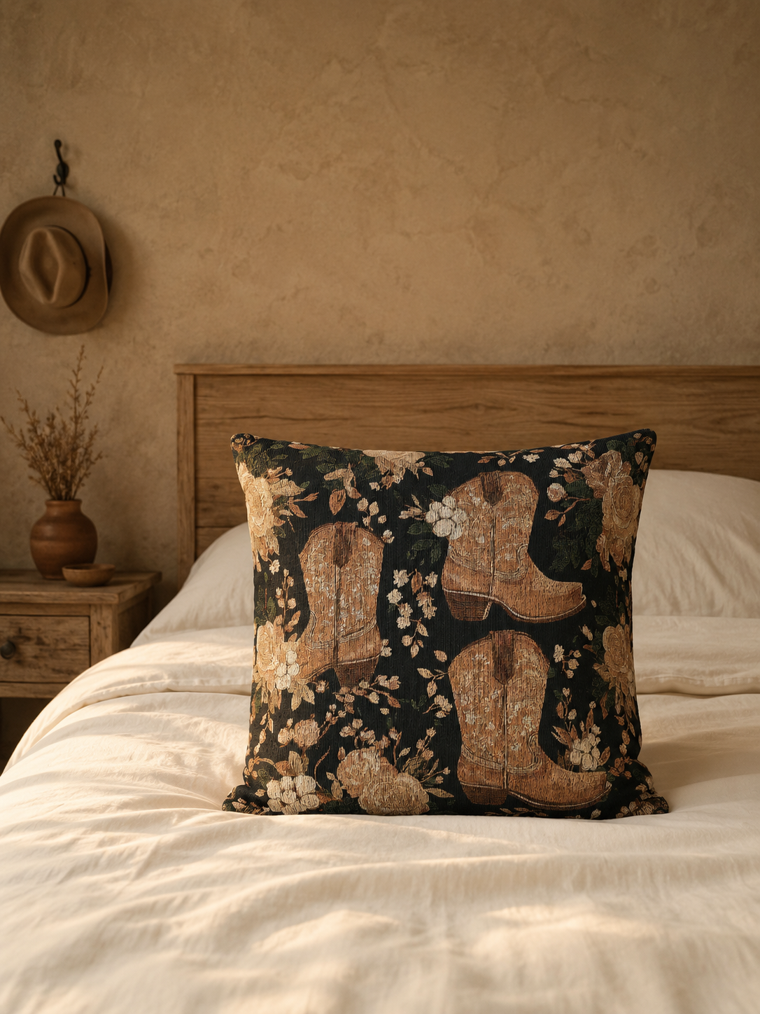 Western cowboy boots pillow on a bed against a linen headboard