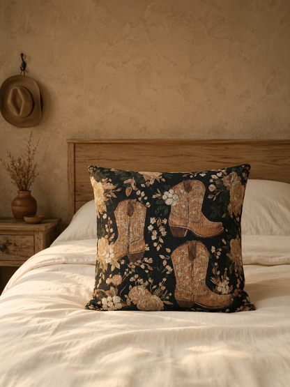 Western cowboy boots pillow on a bed against a linen headboard