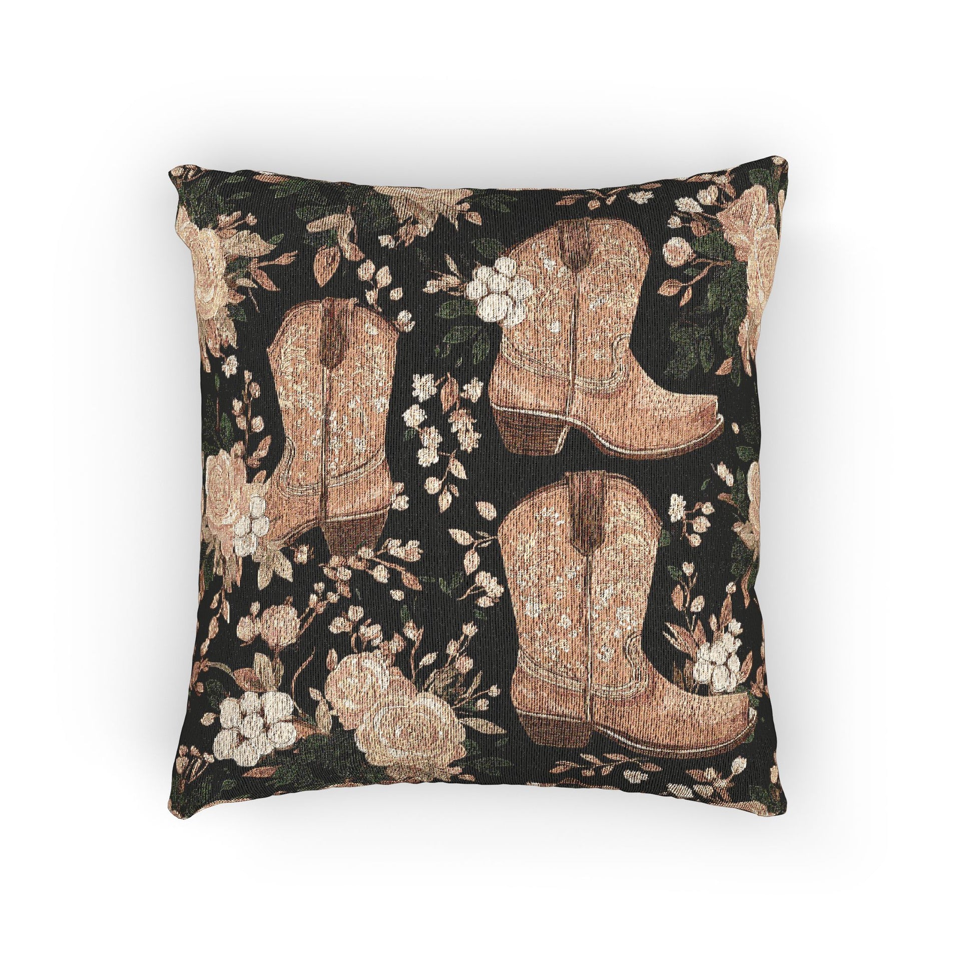 Woven pillow with tan cowboy boots, peach roses and cream blossoms on a black ground, front view
