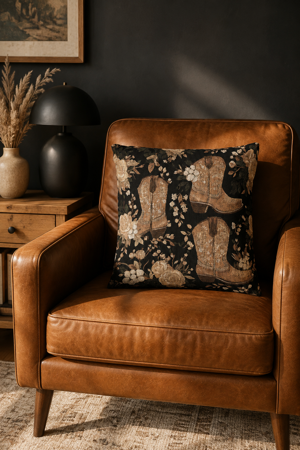 Western cowboy boots pillow on a cognac leather armchair against a dark wall
